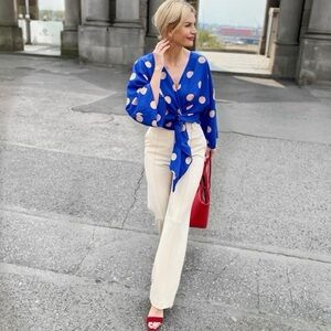ZARA Polka Dot Kimono Wrap Style Blouse Sz S Blue Ecru Wide Flare Sleeves Vneck